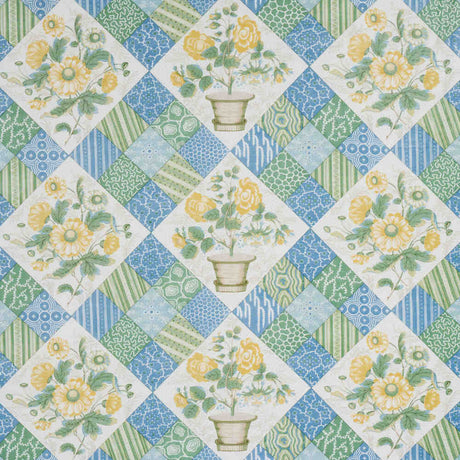 Schumacher Caldwell Patchwork Chintz Yellow And Cornflower 180120 Schumacher Classics Collection Indoor Upholstery Fabric