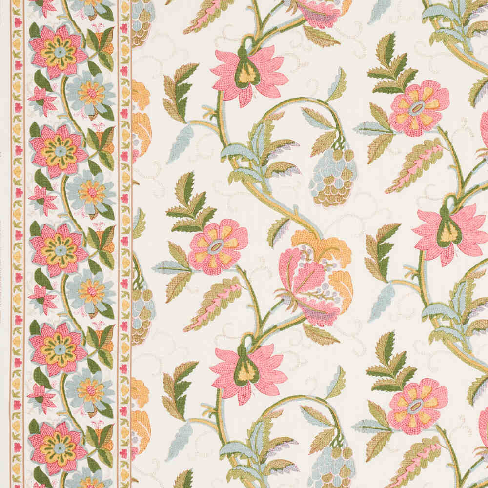 Schumacher Indali Bordered Linen Pink And Leaf 180111 Schumacher Classics Collection Indoor Upholstery Fabric