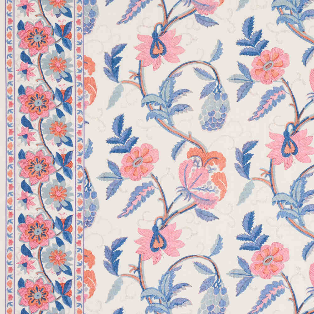 Schumacher Indali Bordered Linen Rose And Indigo 180112 Schumacher Classics Collection Indoor Upholstery Fabric
