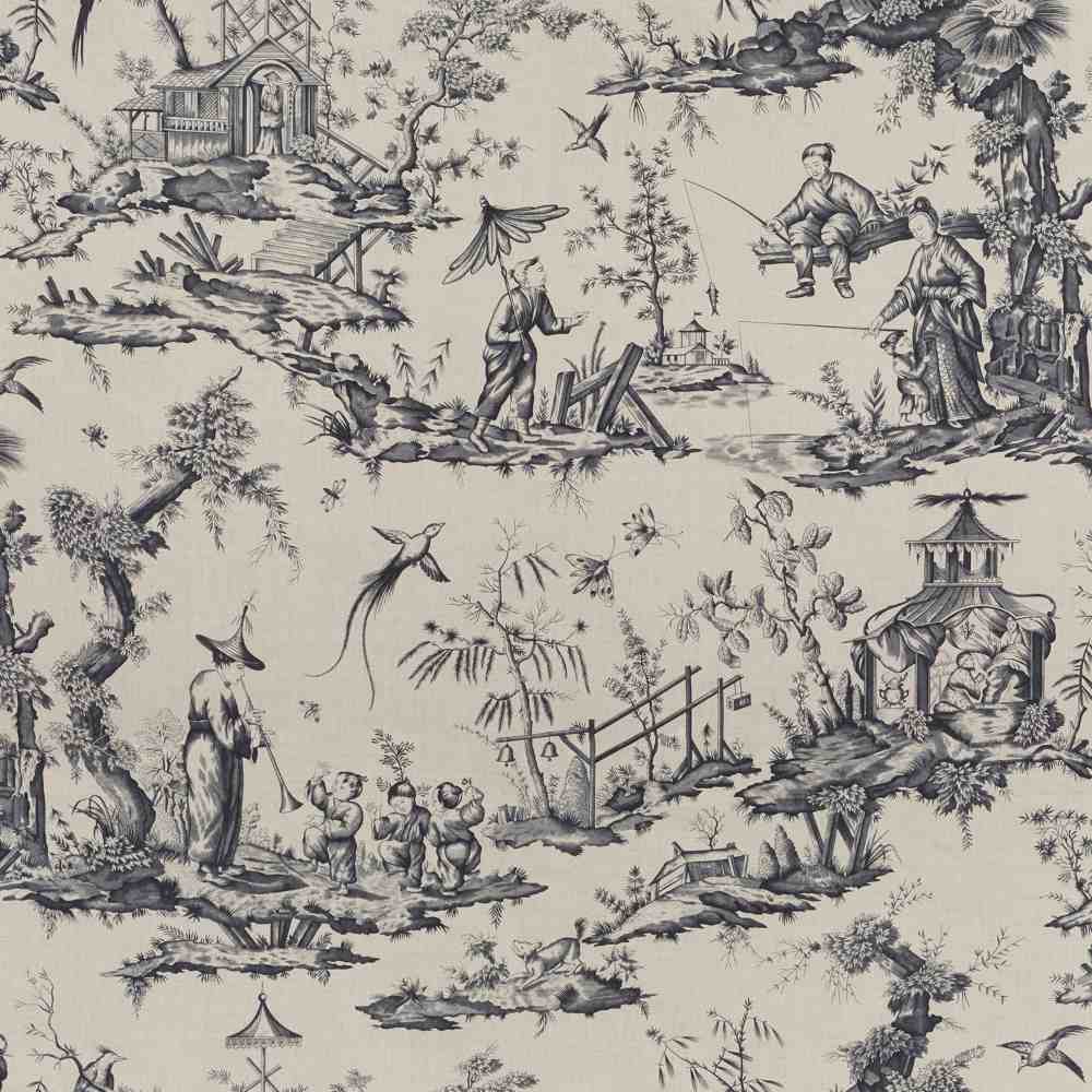 Schumacher Shengyou Toile Charcoal 175803 Schumacher Classics Collection Indoor Upholstery Fabric