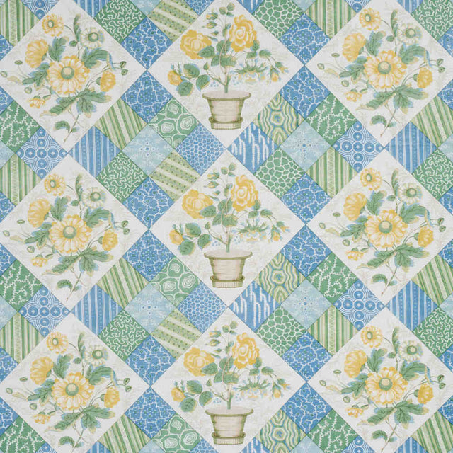 Schumacher Caldwell Patchwork Chintz Yellow And Cornflower 180120 Schumacher Classics Collection Indoor Upholstery Fabric