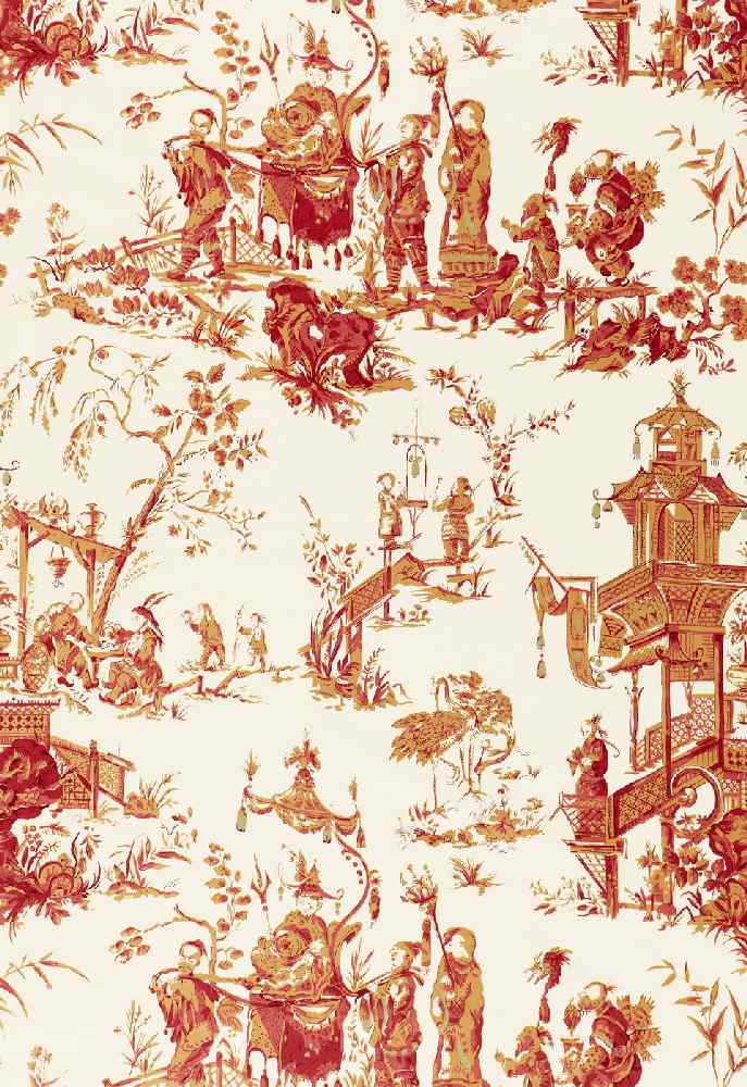 Schumacher Chinois Creme & Red 168276 Schumacher Classics Collection Indoor Upholstery Fabric