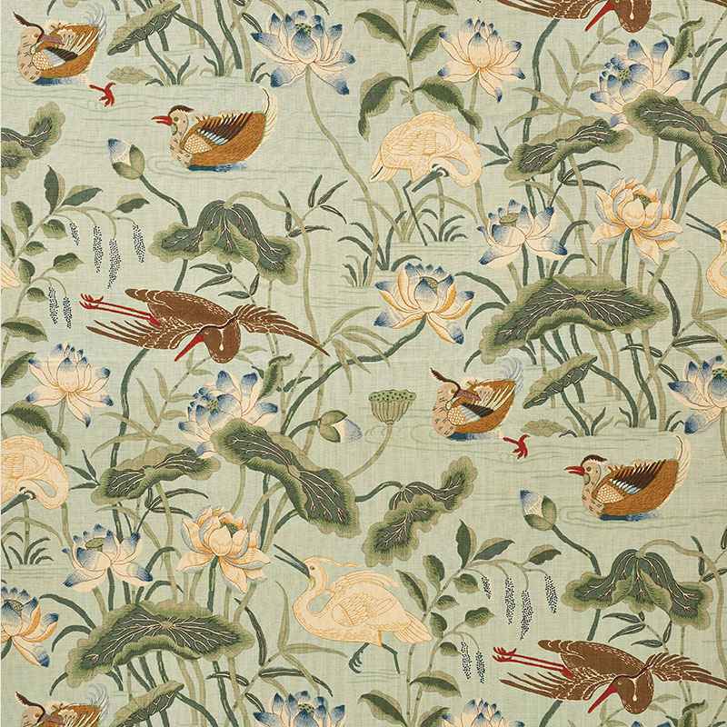 Schumacher Lotus Garden Aqua 172938 Schumacher Classics Collection Indoor Upholstery Fabric