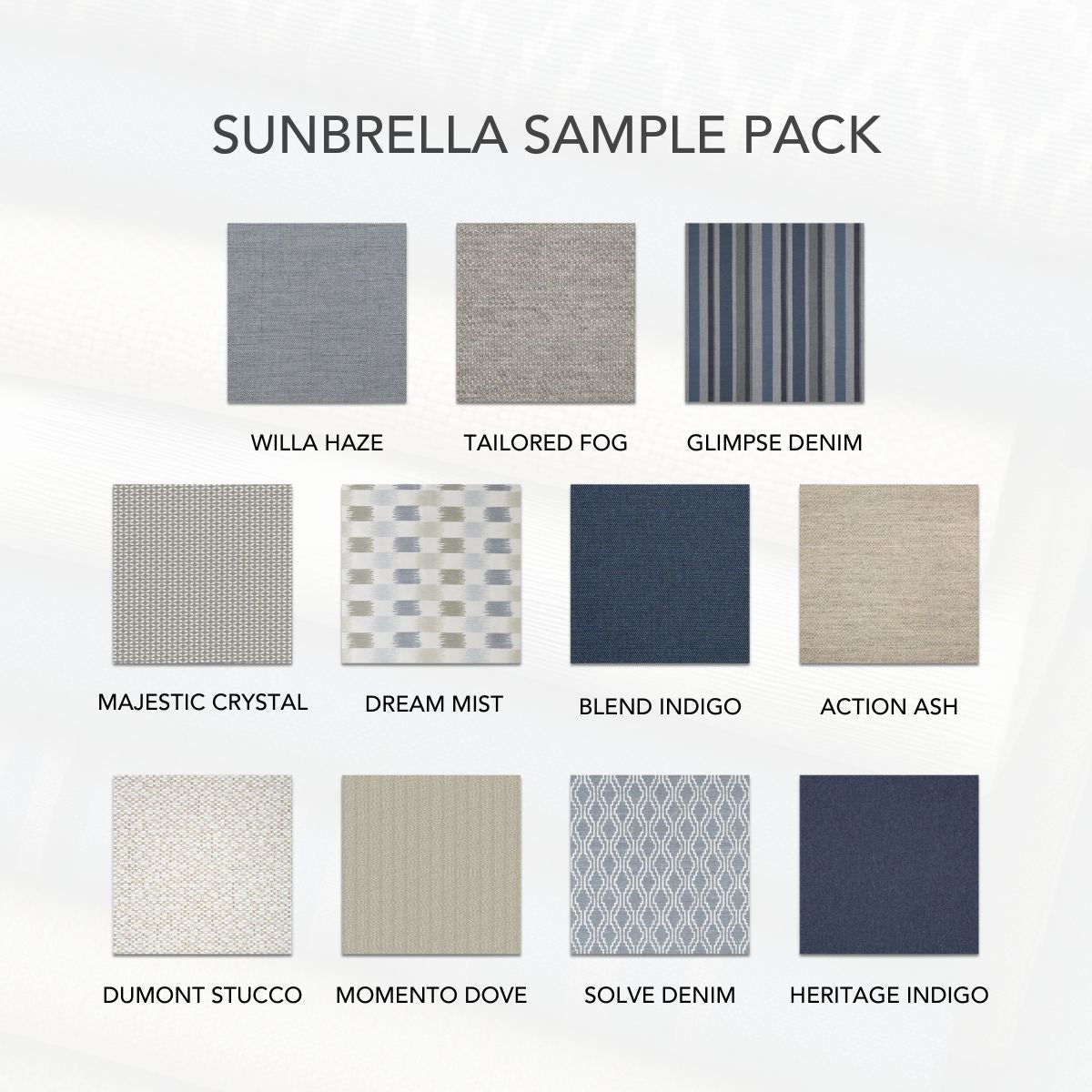 Navy, light blue, and taupe Sunbrella fabric samples for outdoor cushions and drapery.