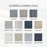 Navy, light blue, and taupe Sunbrella fabric samples for outdoor cushions and drapery.