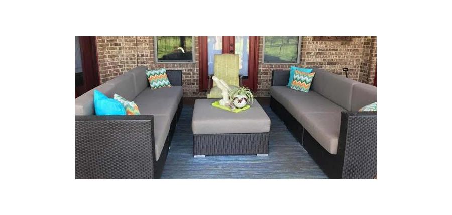 Complete Set of Loveseat and Ottoman Cushions in Sunbrella Sailcloth Shadow Transforms Porch