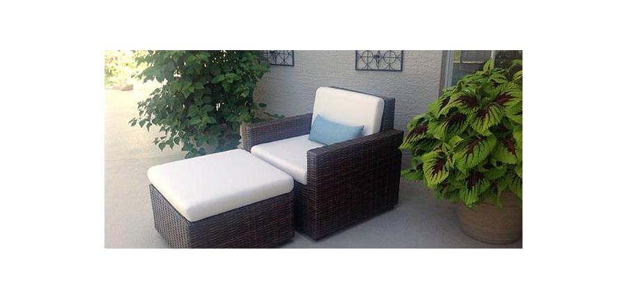 Sunbrella Rain Canvas Natural Custom Chair and Ottoman Cushions Add Waterproof Performance to Pool Deck
