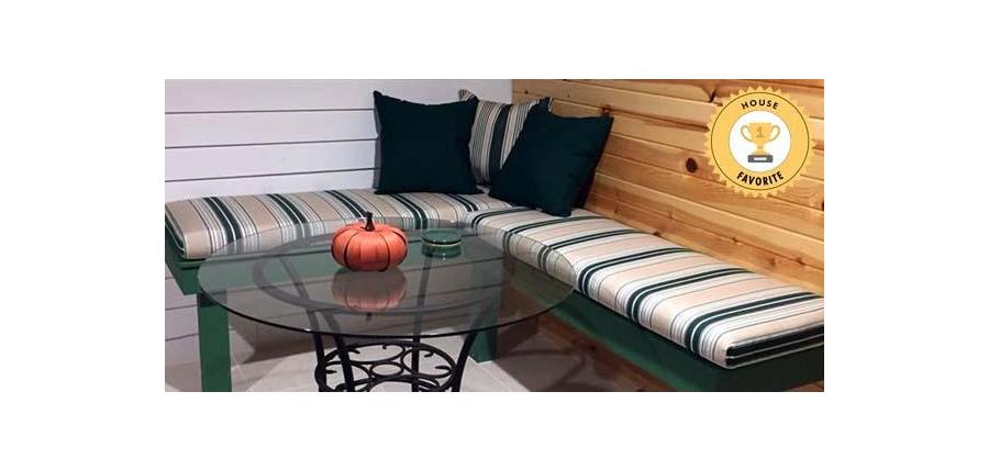 Striped Sunbrella Bench Seat Cushions Complement Sunroom Decor