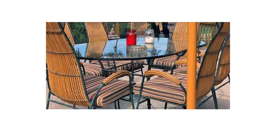 Striped Sunbrella RAIN Chair Cushions Complete Tropical Patio Seating