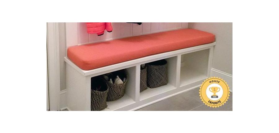 Sunbrella Canvas Melon Bench Cushion Adds Pizzazz to Mudroom Drop Zone