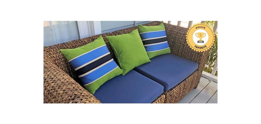 Bright Pillows Pop Against Sunbrella RAIN Loveseat Cushions