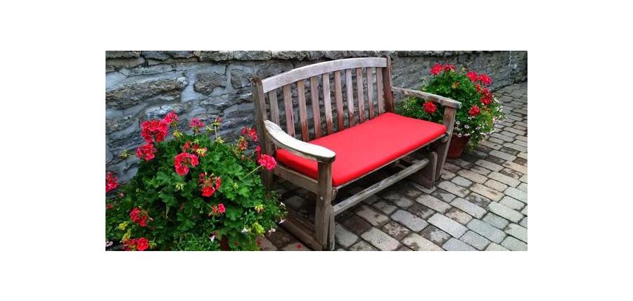 Sunbrella RAIN Bench and Chair Cushions in Canvas Jockey Red Revitalize Garden Seating