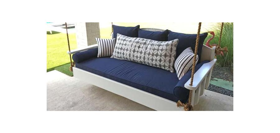 Sunbrella Cushion and Pillows Make Daybed Swing a Cozy Resting Spot