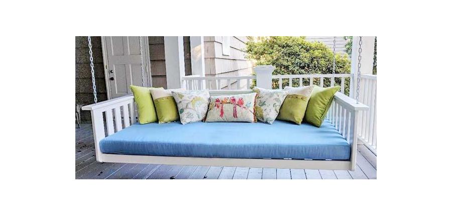 Sunbrella Canvas Air Blue Daybed Cushion Shines on Bright Porch