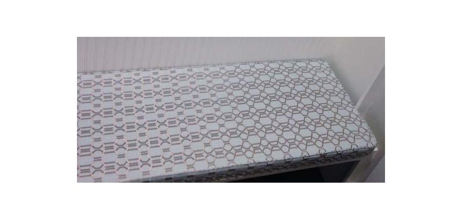 Duralee Geometric Print Cushion Shines on Mudroom Bench