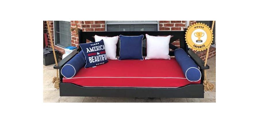 Patriotic Bed Swing Cushions and Pillows Bring the Spirit of the USA to This Rustic Porch
