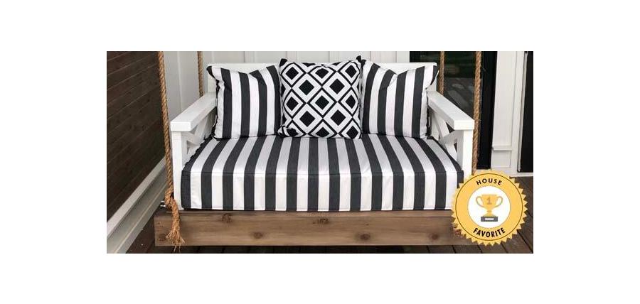 Classic Black and White Sunbrella Doesn't Disappoint on This Rustic Porch Swing Stunner