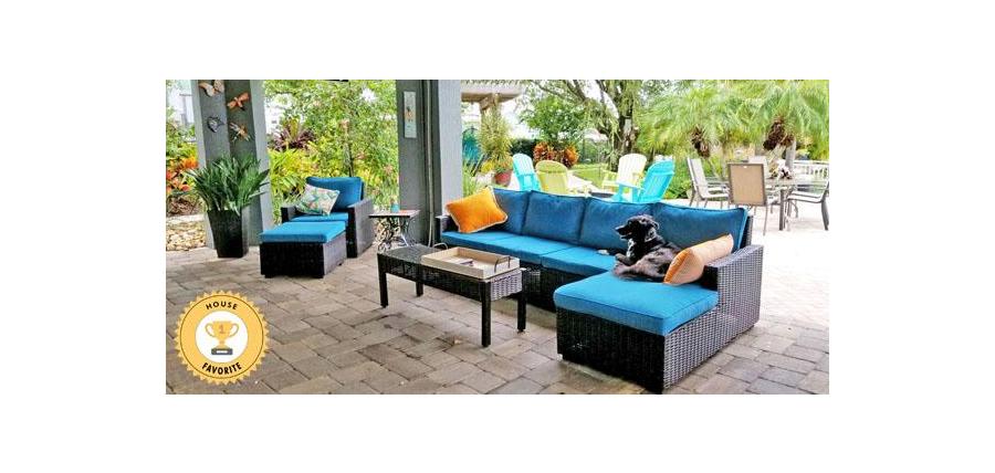 Teal Sunbrella Seat Cushions on Patio are Durable and Dog-Approved