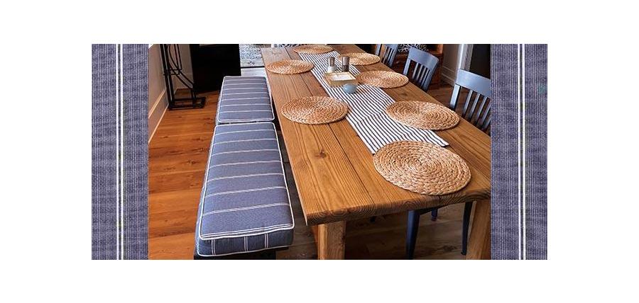 Wood Focused Dining Room Balanced by Sunbrella Equal Ink Bench Cushions