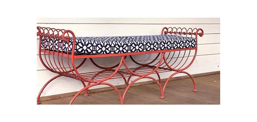 Ornate Cushion in Sunbrella Luxe Indigo Complements Antique Bench