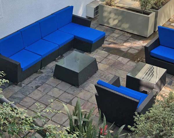 LA Apartments Courtyard Brightened with All New Sunbrella Pacific Blue Cushions