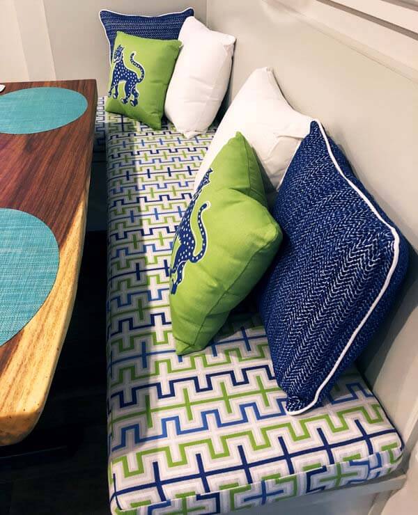 Bright and Playful Breakfast Nook Cushions and Pillows Pop in Sunbrella Thibaut