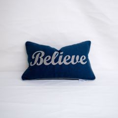 Sunbrella Monogrammed Pillow Cover Only - 20x12 - Believe - Grey on Blue with Grey Welt