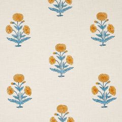 F Schumacher Poppy Hand Block Print Mustard & Sky 179841 by Molly Mahon Indoor Upholstery Fabric