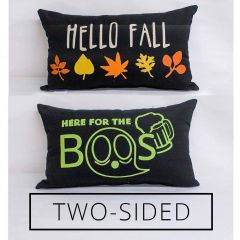 Sunbrella Monogrammed Holiday Pillow Cover Only - 20x12 - Front: Boos in Lime Green / Back: Hello Fall in Multicolor - on Black - REVERSIBLE