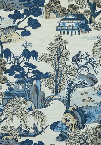 Chinoiserie Asian Scenic Thibaut Throw Pillow in Blue and Green